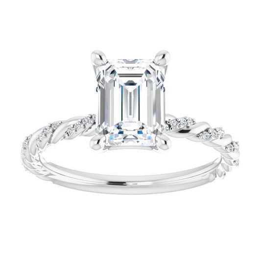 Platinum 2.00 Carat Emerald Cut Lab Diamond Accented Pave Twist Engagement Ring