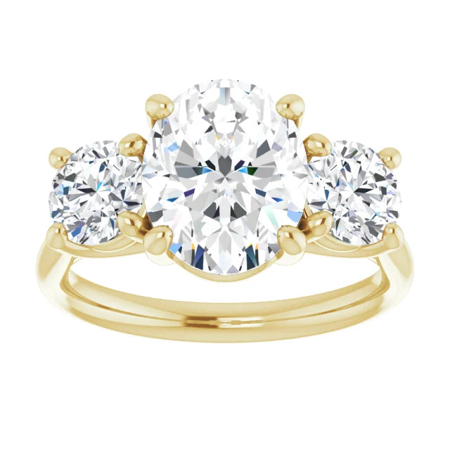 14K Gold 2 Carat Oval Three Stone (~3.2 Carats Total) Lab Diamond Engagement Ring