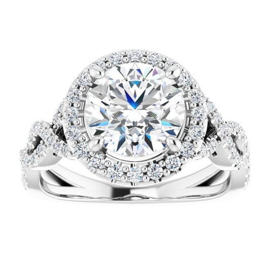 14K White Gold, 2 Carat Round Lab Diamond Infinity-Inspired Halo Accented Engagement Ring