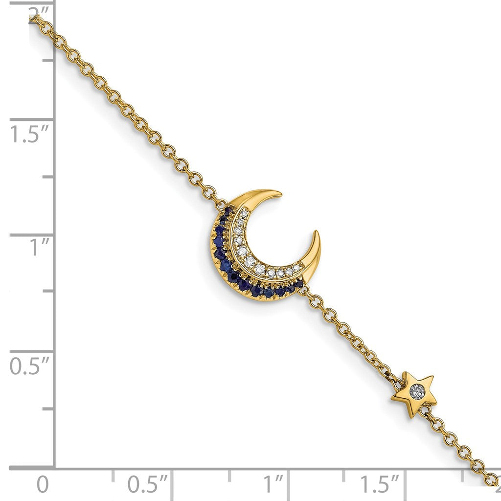 14K Yellow Gold, Diamond, and Sapphire Moon and Star Bracelet