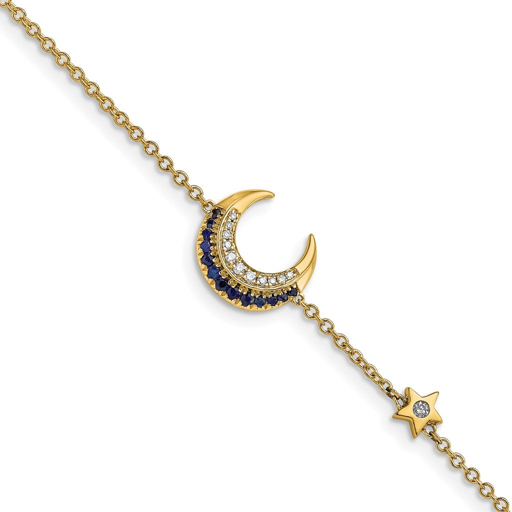 14K Yellow Gold, Diamond, and Sapphire Moon and Star Bracelet