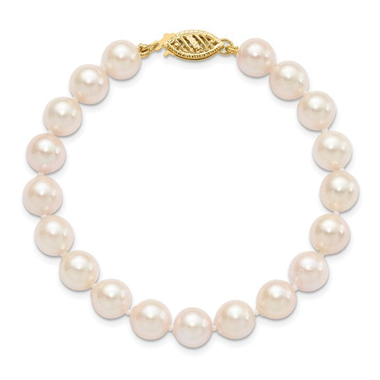 14k Yellow Gold Clasp 7-8mm Round White Saltwater Akoya Cultured Pearl Bracelet