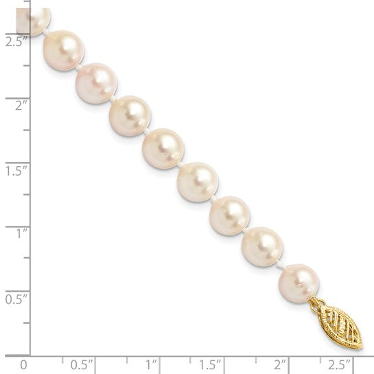 14k Yellow Gold Clasp 7-8mm Round White Saltwater Akoya Cultured Pearl Bracelet