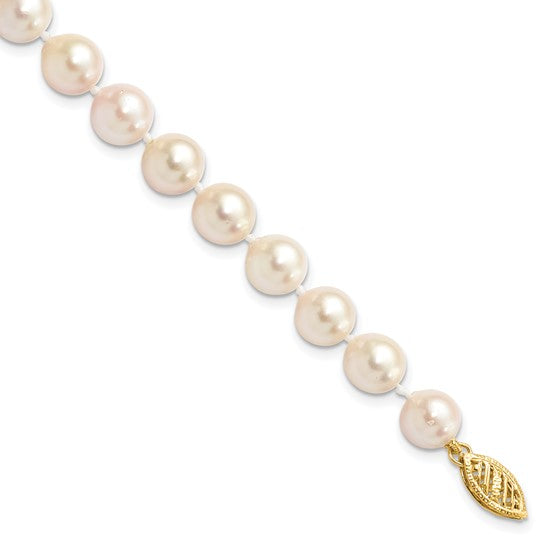 14k Yellow Gold Clasp 7-8mm Round White Saltwater Akoya Cultured Pearl Bracelet