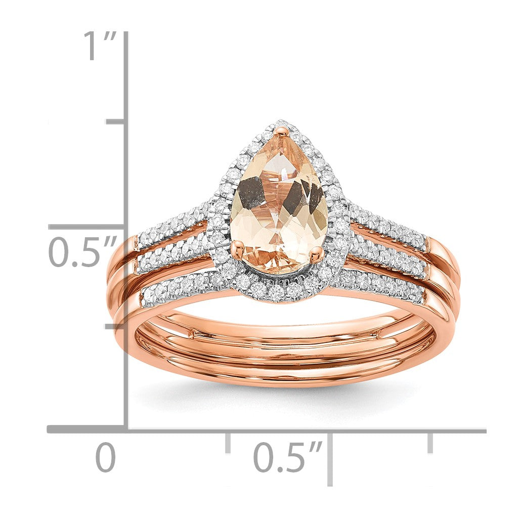 14k Rose Gold Pear Morganite and Diamond Halo Bridal Set