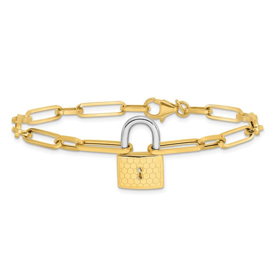 14K Gold Two-tone Fancy Link with Lock Bracelet