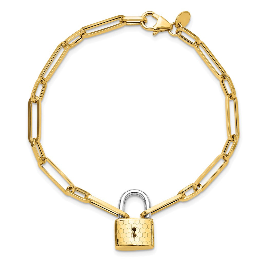 14K Gold Two-tone Fancy Link with Lock Bracelet