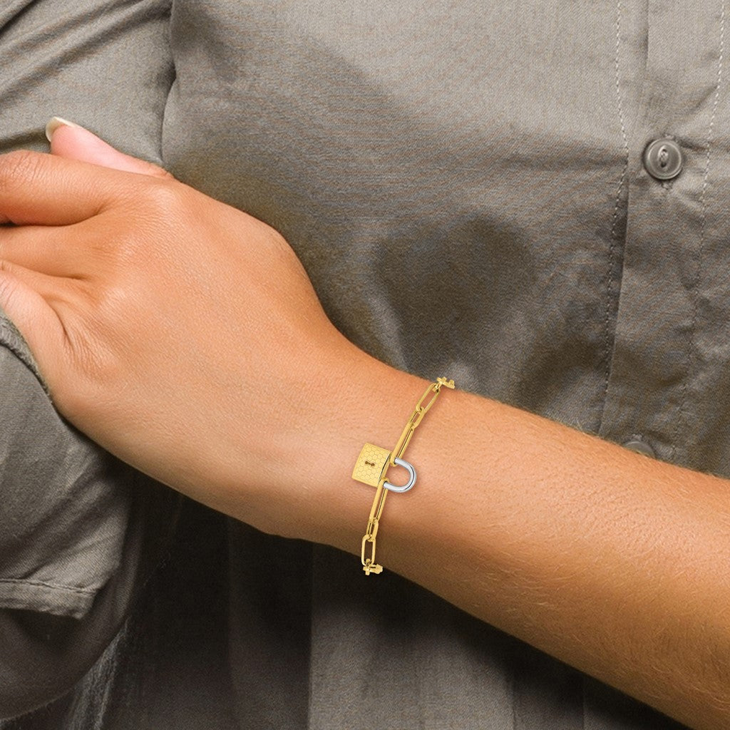 14K Gold Two-tone Fancy Link with Lock Bracelet