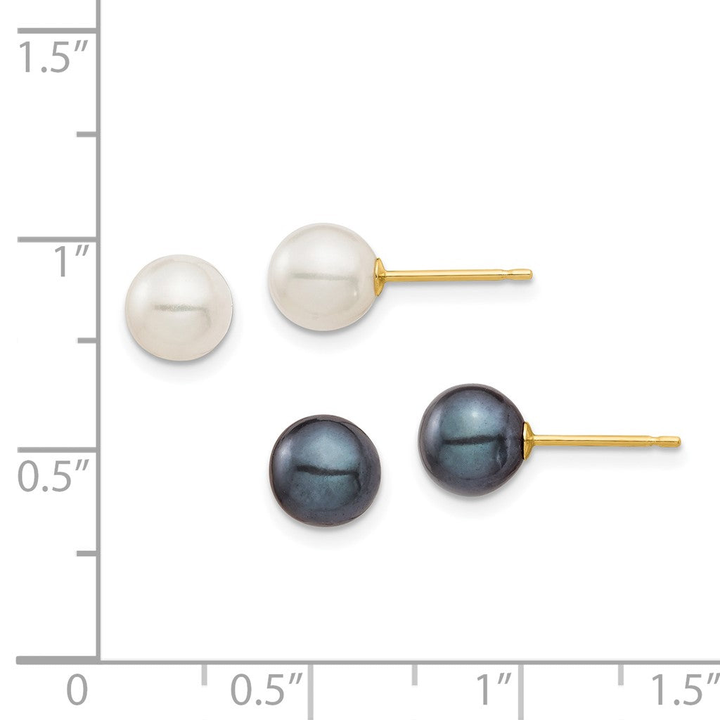 14K Yellow Gold 6-7mm White and Black Pearl 2 Pair Stud Earrings Set