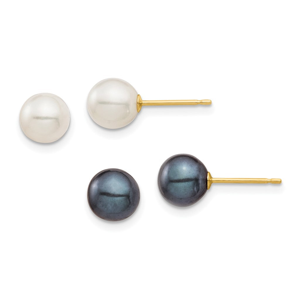 14K Yellow Gold 6-7mm White and Black Pearl 2 Pair Stud Earrings Set
