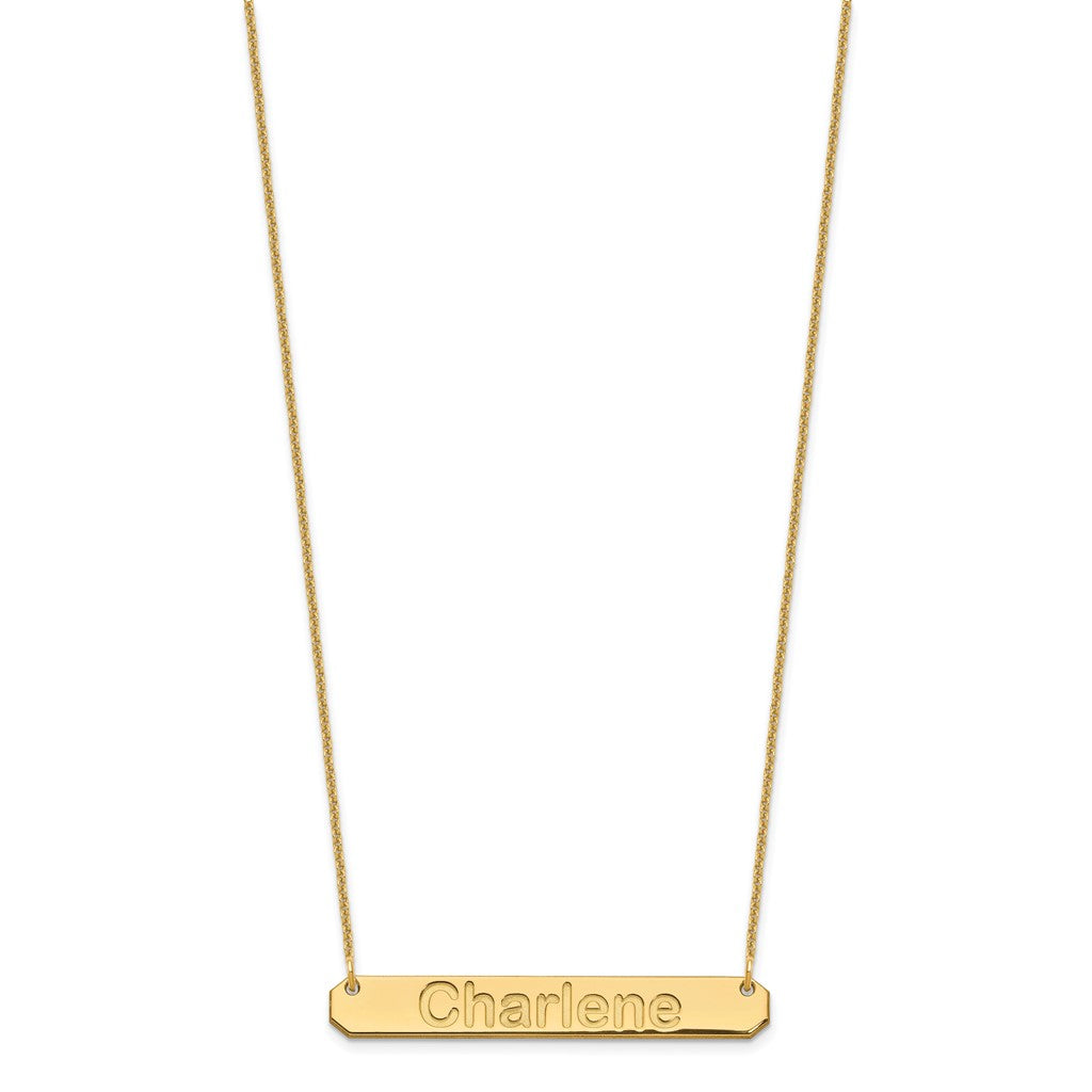 14K Solid Gold Polished Arial Font Rounded Bar Name Plate with 18 inch 1mm 14K Cable Chain
