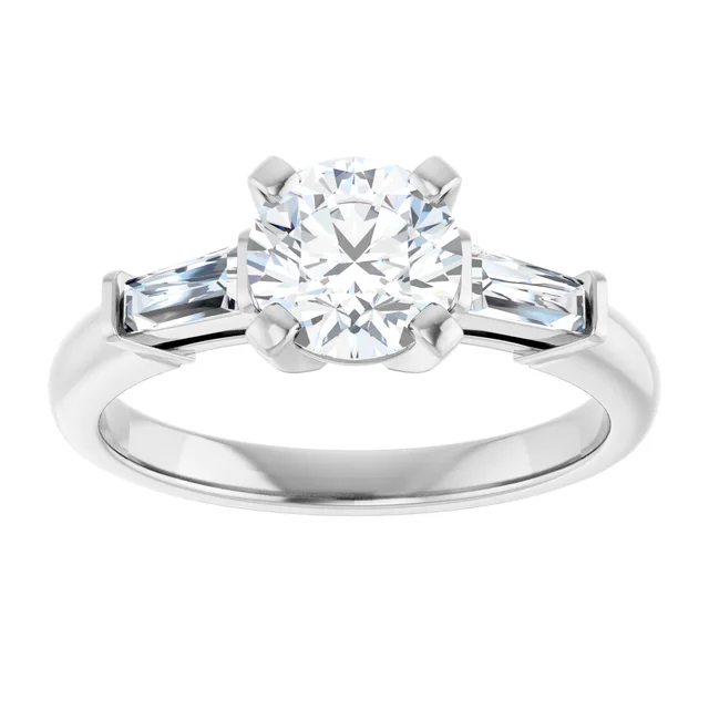 14K Gold 1 Carat Round and Tapered Baguette Three Stone D-E/VVS2+ Lab Diamond Engagement Ring
