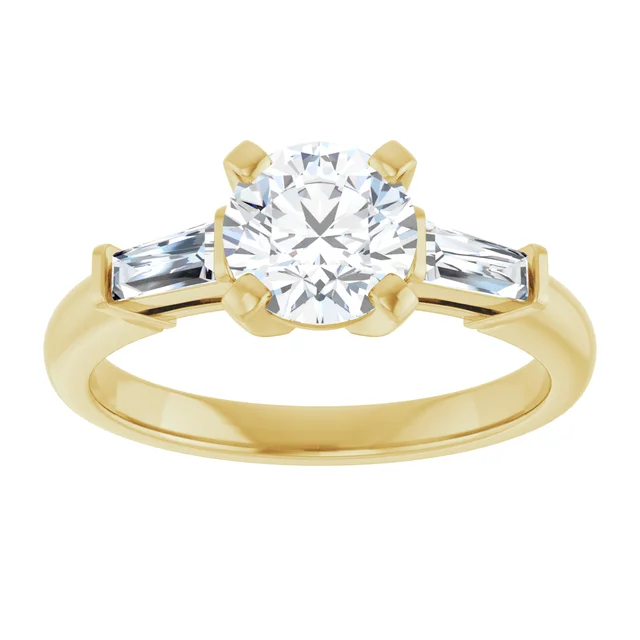 14K Gold 1 Carat Round and Tapered Baguette Three Stone Lab Diamond Engagement Ring