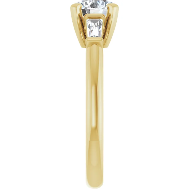 14K Gold 1 Carat Round and Tapered Baguette Three Stone D-E/VVS2+ Lab Diamond Engagement Ring