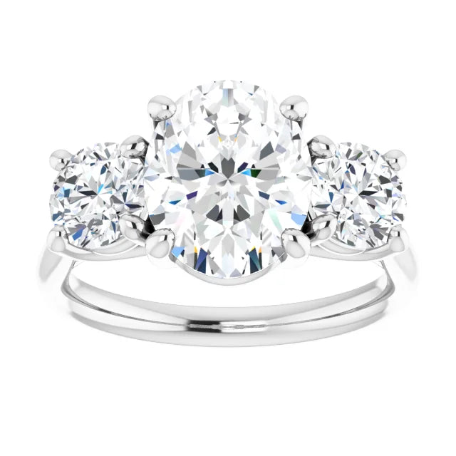 14K Gold 2 Carat Oval Three Stone (~3.2 Carats Total) Lab Diamond Engagement Ring