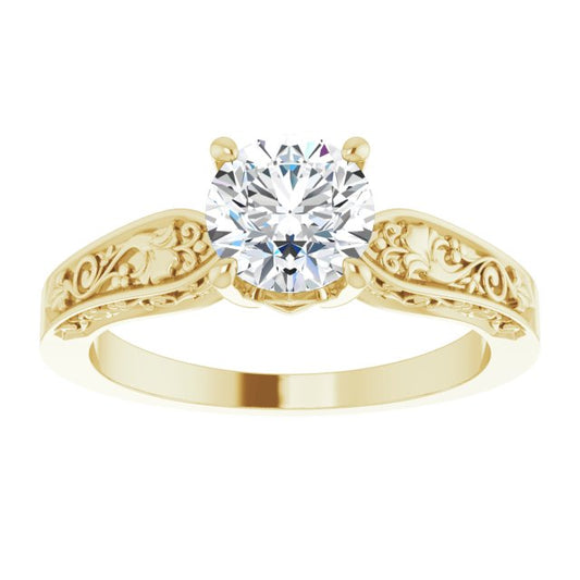 14K Yellow Gold 1 Carat Round Lab Diamond Floral D/VS1 Engagement Ring