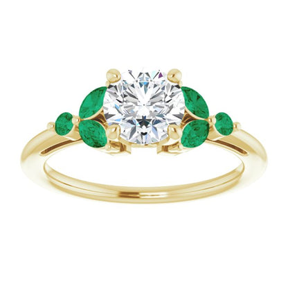 Floral-Inspired 14K Yellow Gold 1 Carat Round Lab Diamond D/VS1 Engagement Ring with Emerald Accents