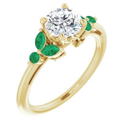 Floral-Inspired 14K Yellow Gold 1 Carat Round Lab Diamond D/VS1 Engagement Ring with Emerald Accents