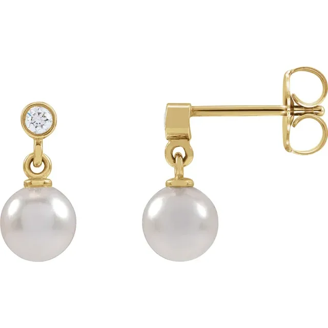 14K Yellow Gold 5-5.5mm Cultured White Akoya Pearl & .06 CTW Natural Diamond Earrings
