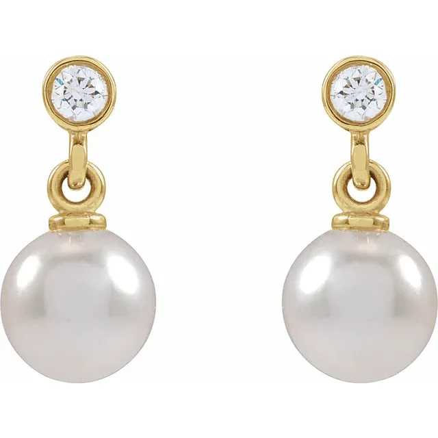 14K Yellow Gold 5-5.5mm Cultured White Akoya Pearl & .06 CTW Natural Diamond Earrings
