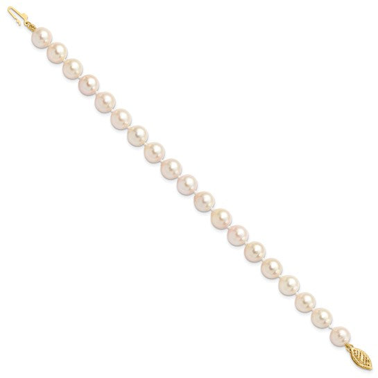 14k Yellow Gold Clasp 7-8mm Round White Saltwater Akoya Cultured Pearl Bracelet