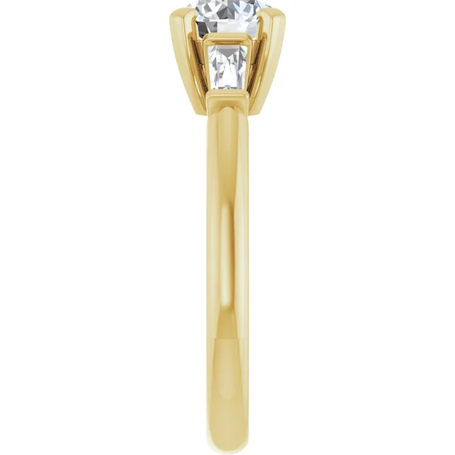 14K Gold 1 Carat Round and Tapered Baguette Three Stone Lab Diamond Engagement Ring