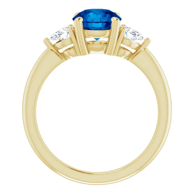 18K Yellow Gold Three Stone Lab Sapphire and Lab Diamond Engagement Ring