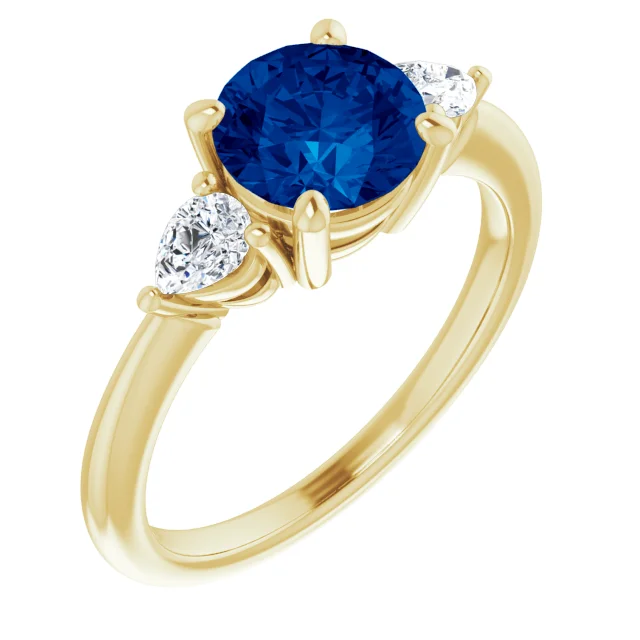 18K Yellow Gold Three Stone Lab Sapphire and Lab Diamond Engagement Ring