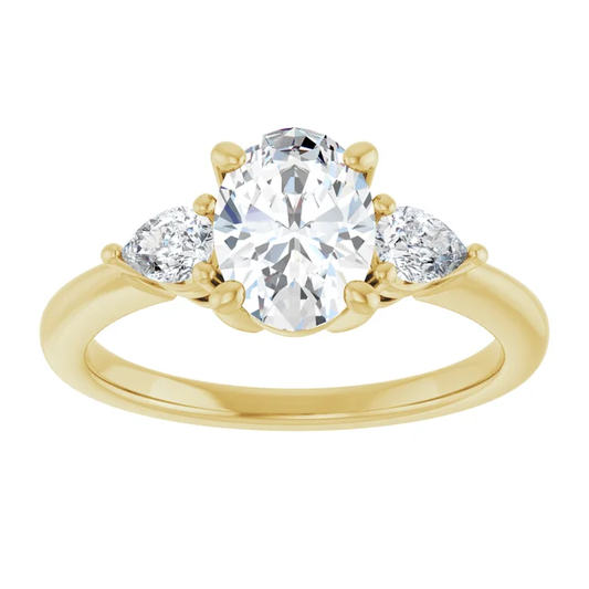 14K Gold 1.5 Carat Oval and Pear Three Stone Lab Diamond Engagement Ring