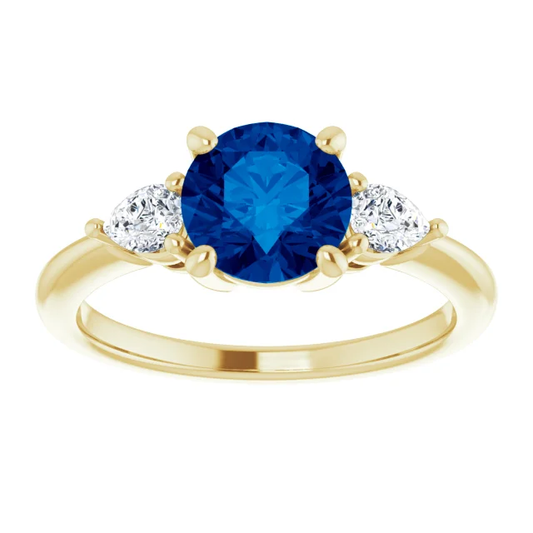 18K Yellow Gold Three Stone Lab Sapphire and Lab Diamond Engagement Ring